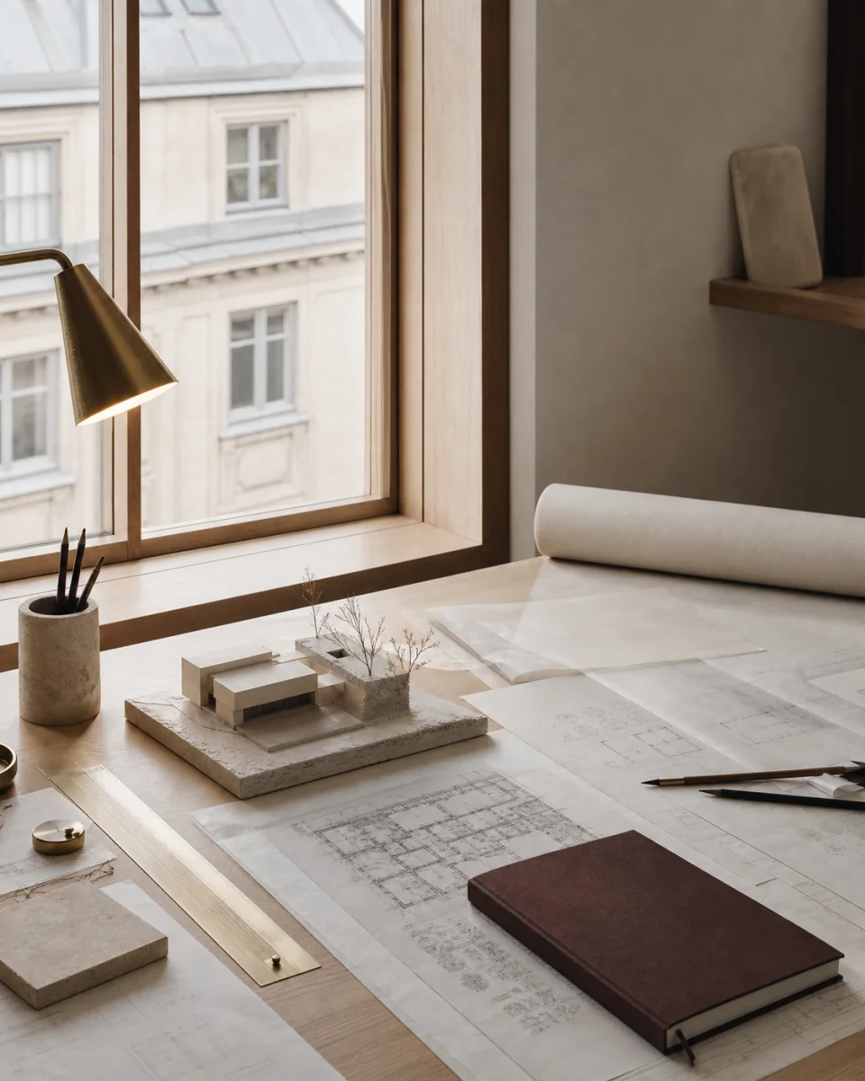 Architectural plans and a scale model on a warm timber research desk