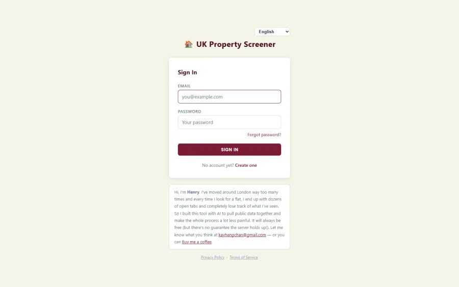 UK Property Screener interface